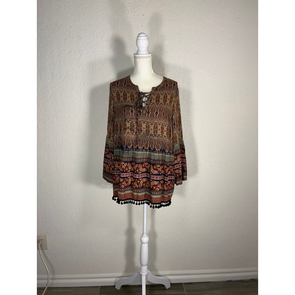 Caleesa Boho Paisley Pom Pom Trim Lace Up Bell Sleeve Tunic Top Large